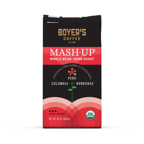 Boyer's Coffee Mash-Up Blend Organic Dark Roast Whole Bean Coffee – front of package