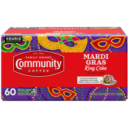Community Coffee Mardi Gras King Cake Medium Roast Coffee Pods, Keurig Compatible – front of package