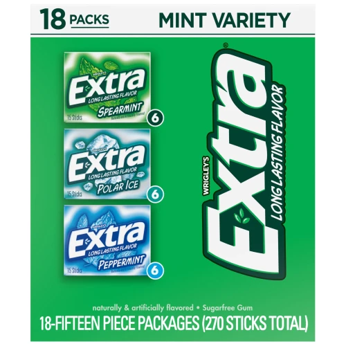 Extra Mint Sugar Free Chewing Gum, Variety Pack, 15 pcs., 18 pk – front of package