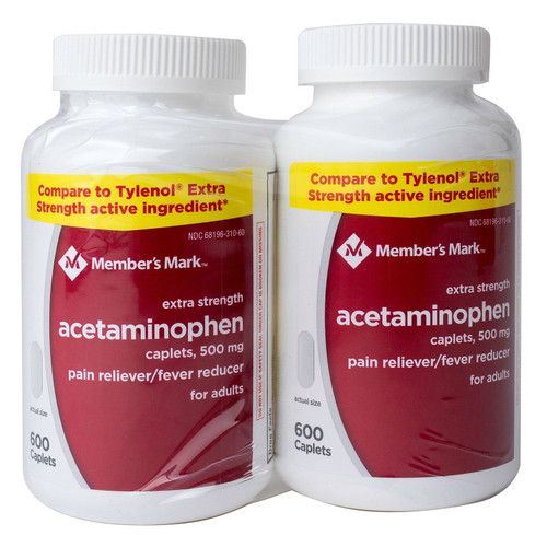 Member's Mark Extra Strength Acetaminophen Caplets, 500 mg, 1200 ct – front of package
