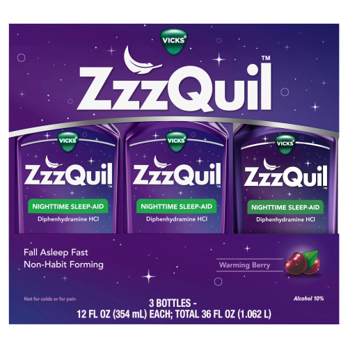 Vicks ZzzQuil Nighttime Sleep-Aid Liquid, Berry, 12 fl. oz, 3 Pack – front of package