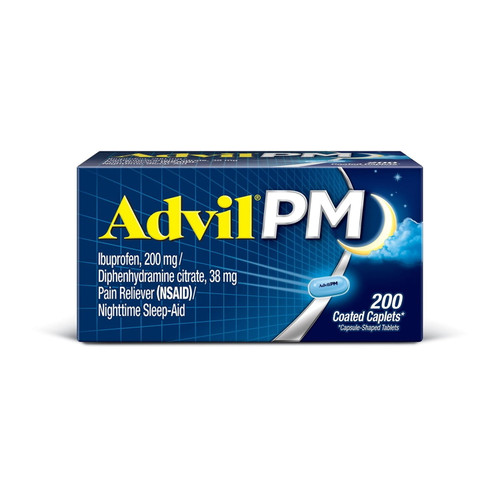 Advil PM Caplets, 200 mg Ibuprofen + 38 mg Diphenhydramine Citrate, 200 ct – front of package