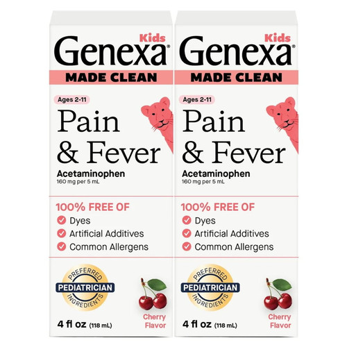 Genexa Kids' Pain & Fever Acetaminophen Liquid, Cherry, 160 mg per 5 mL, 4 fl oz, 2 pk – front of package