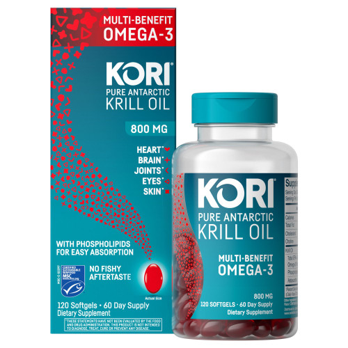 Kori Pure Antarctic Krill Oil Multi-Benefit Omega-3 800 mg. Softgels 120 Count – front of package