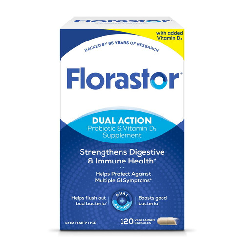 Florastor Dual Action Probiotic and Vitamin D3 Supplement Vegetarian Capsules, 120 Count – front of package