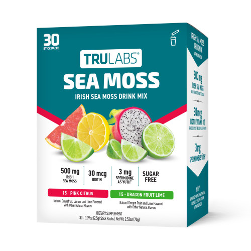 TruLabs Sea Moss Drink Mix Powder Pink Citrus and Dragon Fruit Lime 30 Count – front of package