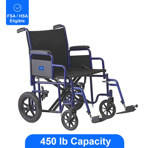 Medline Heavy Duty Transport Chair supports up to 450 lb, 22" x 18" seat, Blue – front of package