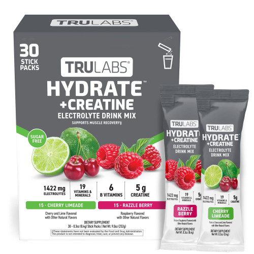 TruLabs Hydrate + Creatine 30-ct Cherry Limeade and Razzle Berry – front of package