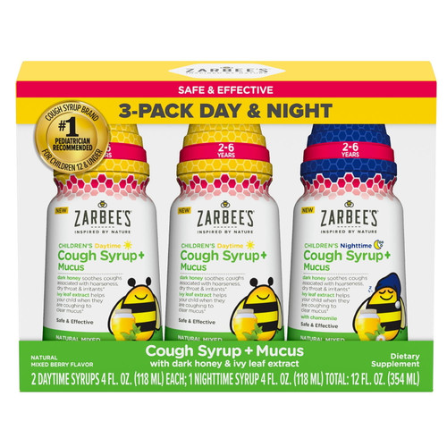 Zarbee's Cough Syrup + Mucus, Day & Night, 3 Pack 4 fl. oz – front of package