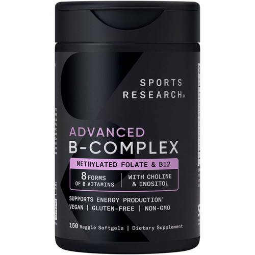 Sports Research Vitamin B-Complex, B12, Folate, Plant Based Soft Gels, 150 Count – front of package