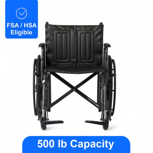 Medline Heavy Duty Wheelchair, 22" Seat, 500 lb Weight Capacity, Black – front of package