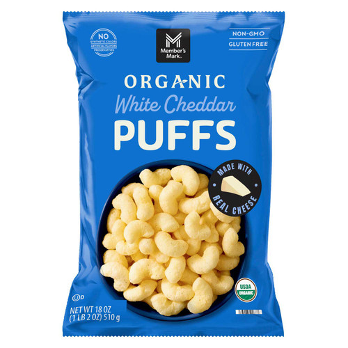 Member's Mark Organic White Cheddar Puffs, 18 oz – front of package