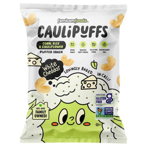 FamBam Foods Caulipuffs Puffed Snack, White Cheddar, 13 oz – front of package