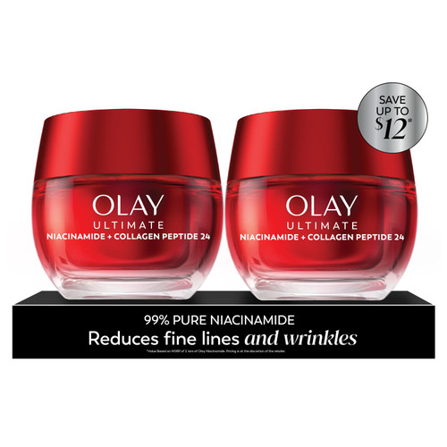 Olay Ultimate Hydrating Moisturizer with Niacinamide, Collagen Peptide, Skincare for Face, 1.7 oz, 2 pk – front of package