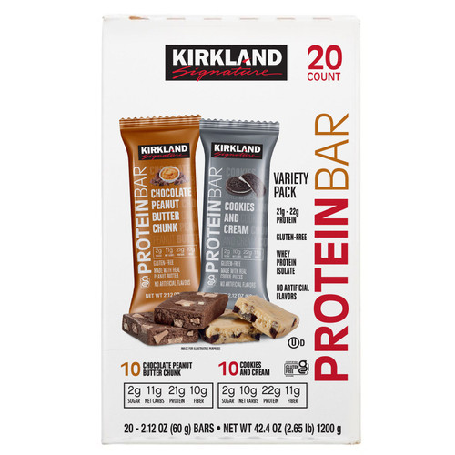Kirkland Signature Protein Bars, Chocolate Peanut Butter Chunk & Cookies and Cream Variety Pack, 2.12 oz, 20-Count