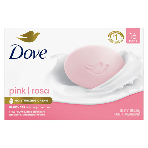 Dove Beauty Bar Soap, Pink, 3.75 oz, 16 ct – front of package