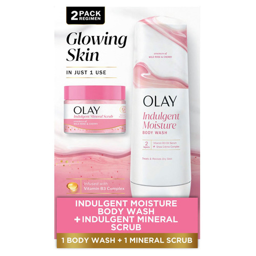 Olay Indulgent Moisture Scrub + Bodywash Duo Pack – front of package