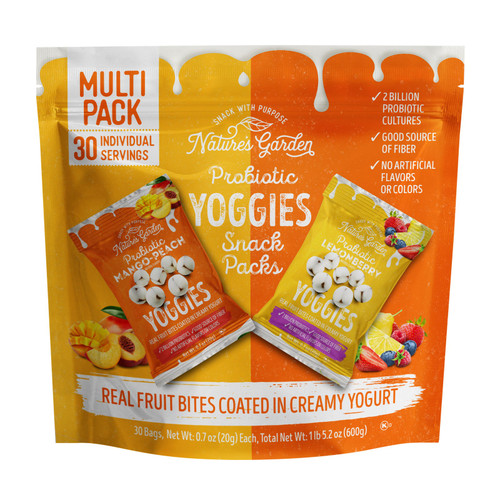 Nature's Garden Probiotic Yoggies Variety Pack, Mango-Peach & Lemonberry, 0.7 oz, 30-Count