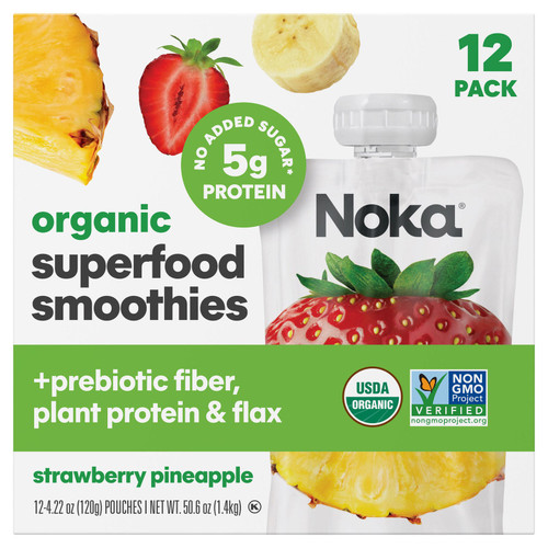Noka Organic Superfood Smoothie Pouches, Strawberry Pineapple, 4.22 oz, 12-Count