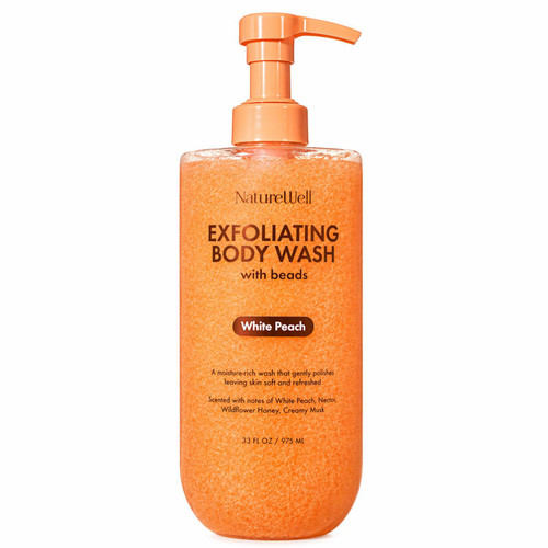 NatureWell Exfoliating Body Wash, White Peach, 33 fl oz – front of package