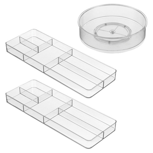 IDesign Cosmetic Drawer Organizer and Lazy Susan Storage Set, Clear, Set of 3 – front of package