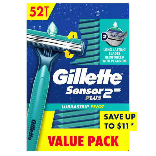 Gillette Sensor2 Plus Lubrastrip Pivoting Head Disposable Razors, 52 ct – front of package