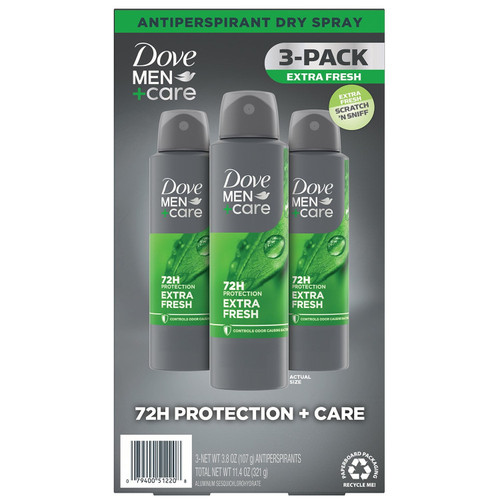 Dove Men+Care Extra Fresh Dry Spray Antiperspirant, 3.8 oz, 3 pk – front of package