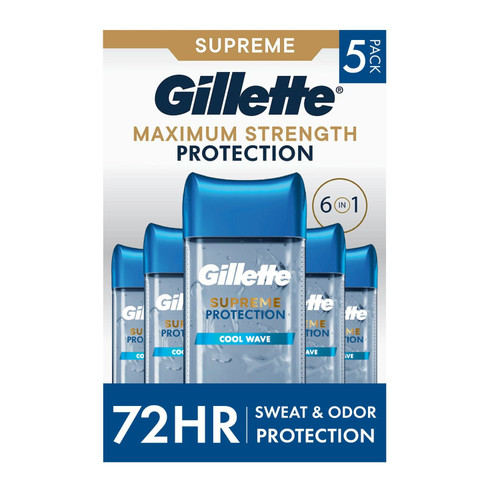 Gillette Supreme Maximum Strength Protection Men's Deodorant Clear Gel Antiperspirant, Cool Wave, 3.8 oz, 5 pk – front of package