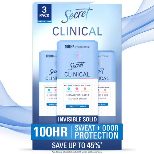 Secret Clinical Strength Invisible Solid Antiperspirant Deodorant, Completely Clean, 1.6 oz, 3 pk – front of package
