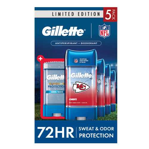 Gillette NFL Kansas City Chiefs Supreme Maximum Strength Protection Men's Clear Gel Antiperspirant, Cool Wave, 3.8 oz, 5 pk – front of package