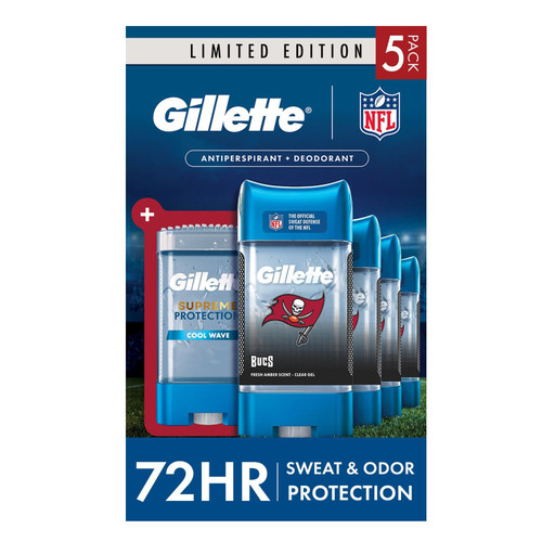 Gillette NFL Tampa Bay Buccaneers Supreme Maximum Strength Protection Men's Clear Gel Antiperspirant, Cool Wave, 3.8 oz, 5 pk – front of package