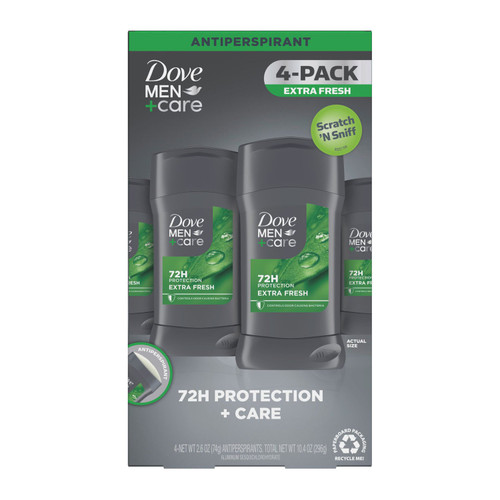 Dove Men+Care Antiperspirant Deodorant Stick, Extra Fresh, 2.6 oz, 4 pk – front of package