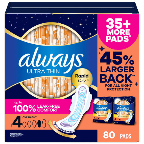 Always Ultra Thin Overnight Pads with Wings, Size 4, 80 ct – front of package