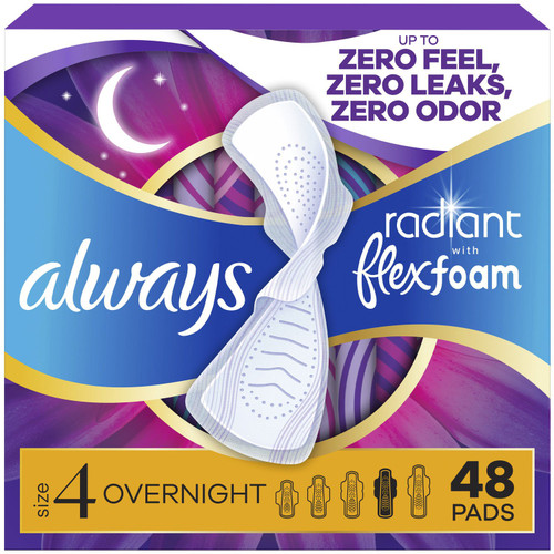 Always Radiant FlexFoam Overnight Pads, Scented, Size 4, 48 ct – front of package