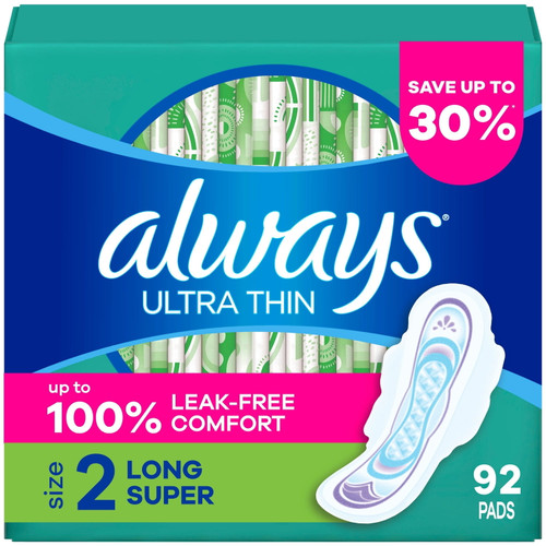 Always Ultra Thin Long Super Pads with Wings, Size 2, 92 ct – front of package