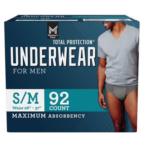 Member's Mark Total Protection Incontinence Underwear for Men, Grey, Small/Medium (92 ct) – front of package