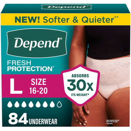 Depend Fresh Protection Incontinence Underwear for Women, L (84 ct) – front of package