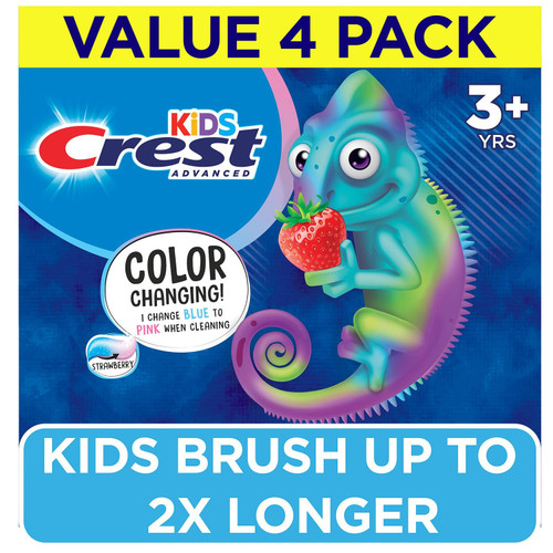 Crest Kid's Advanced Color Changing Toothpaste, Strawberry, 4.2 oz, 4 pk – front of package