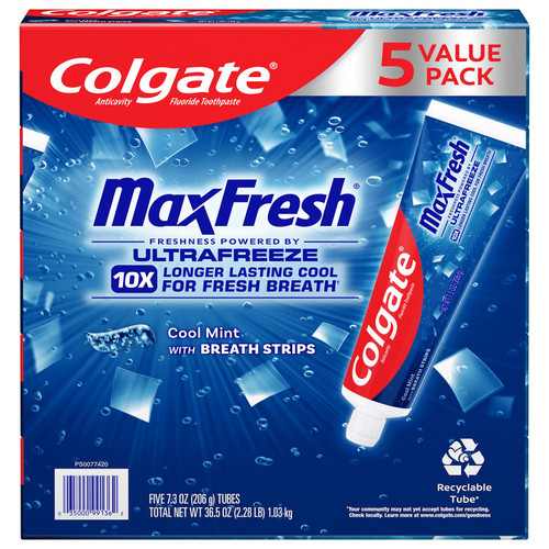 Colgate MaxFresh Toothpaste with Mini Breath Strips, Cool Mint, 7.3 oz, 5 pk – front of package