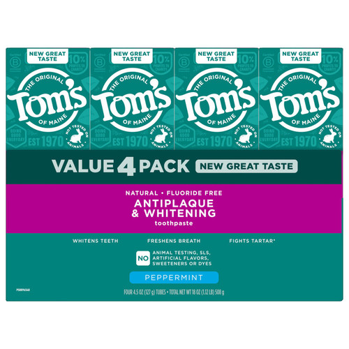 Tom's of Maine Fluoride-Free Antiplaque & Whitening Toothpaste, 4.5 oz, 4 pk – front of package