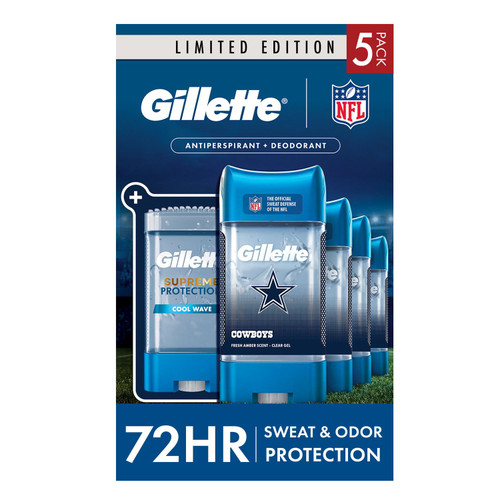 Gillette NFL Dallas Cowboys Supreme Maximum Strength Protection Men's Clear Gel Antiperspirant, Cool Wave, 3.8 oz, 5 pk – front of package