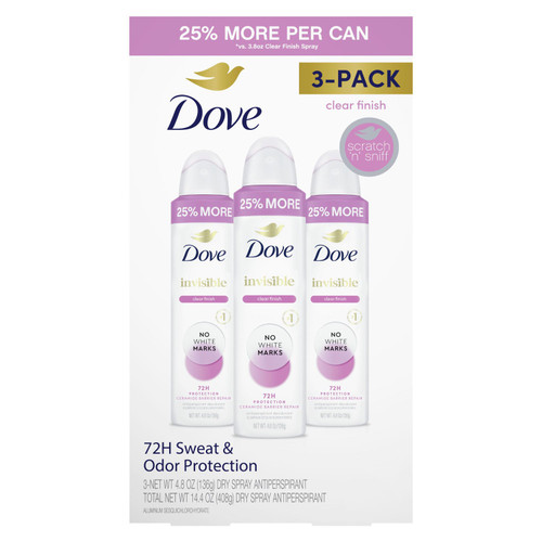 Dove Clear Finish APA Spray Deodorant, 4.8 oz, 3 pk – front of package