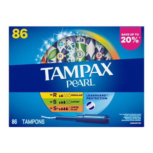 Tampax Pearl Tampons Trio Pack, Unscented, Regular, Super & Super Plus, 86 ct – front of package
