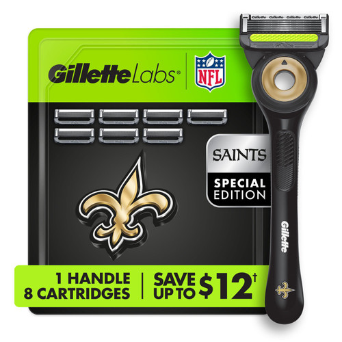 Gillette Labs Official NFL New Orleans Saints Licensed Men's Razor, Handle + 8 Cartridges – front of package