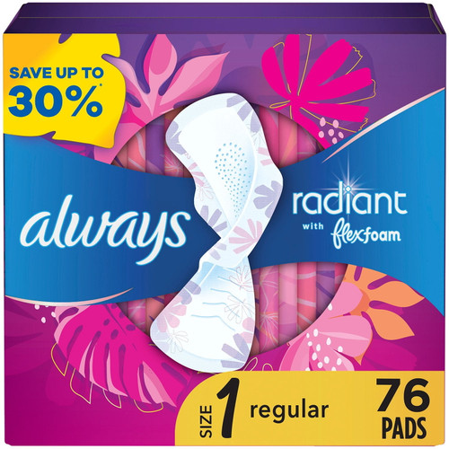Always Radiant Regular Pads with Flexi-Wings, Scented, Size 1, 76 ct – front of package