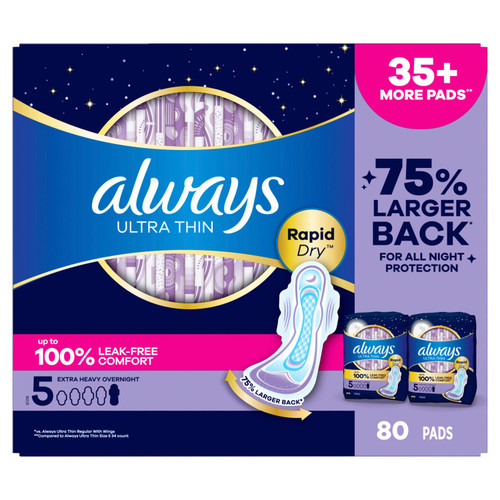 Always Ultra Thin Overnight Pads with Wings, Size 5, 80 ct – front of package