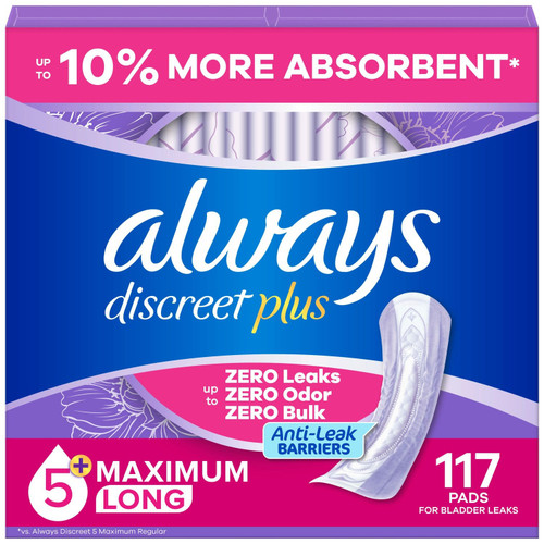 Always Discreet Incontinence Pads, Heavy Long, 117 ct – front of package
