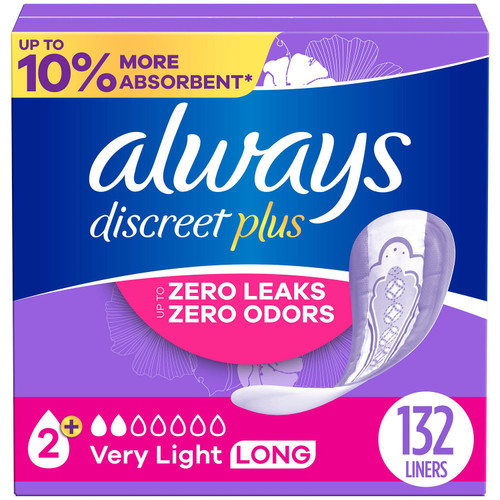 Always Discreet Plus Incontinence Liners for Women, Very Light Long, 132 ct – front of package