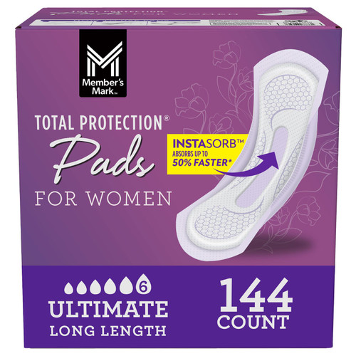 Member's Mark Total Protection Pads for Women, Ultimate Long, 6 Drop, Choose Count, 144 – front of package