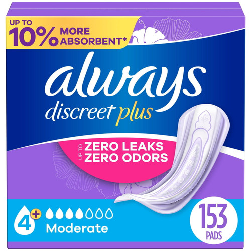 Always Discreet Plus Incontinence Pads for Women, Moderate, 153 ct – front of package